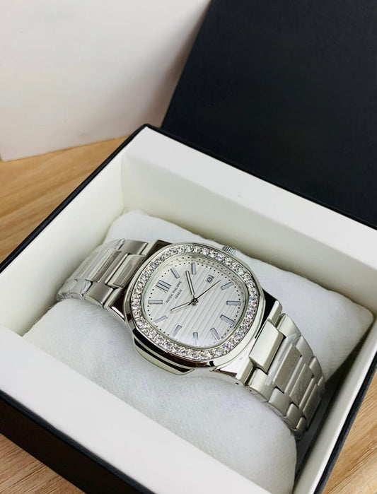 Patek Philippe Nautilus Silver Diamond Bezel- White Dial