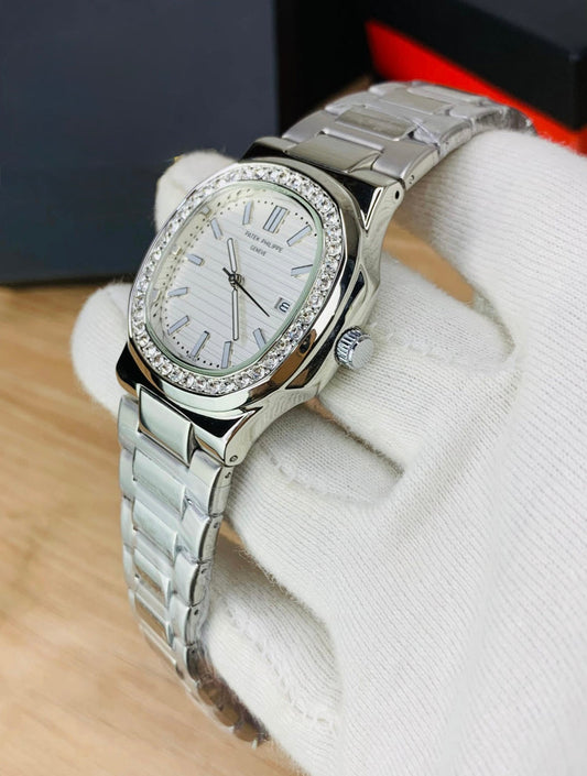 Patek Philippe Nautilus Silver Diamond Bezel- White Dial